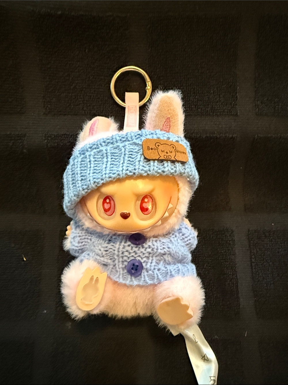 Plush Bunny Keychain in Light Blue Knit Outfit - Unknown Brand